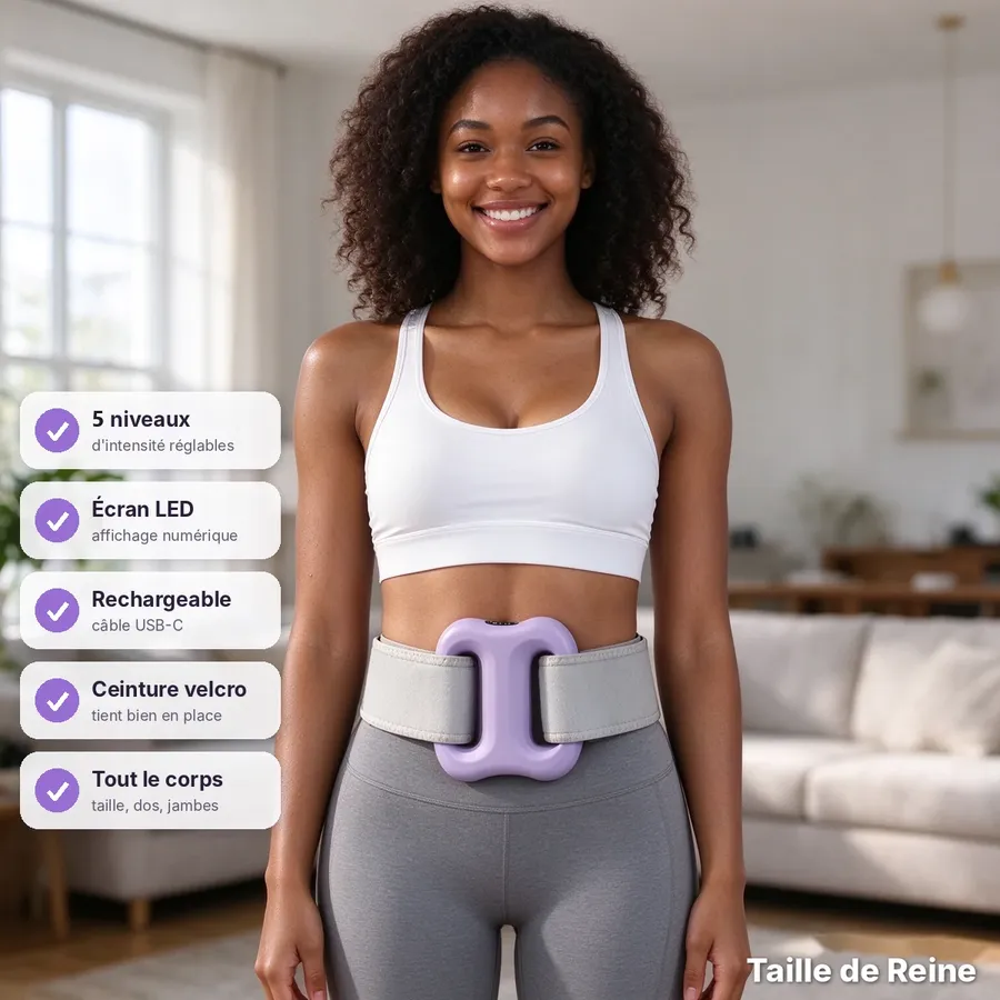 Une jeune femme africaine souriante porte l'anneau violet Taille de Reine sur le ventre, tenu par sa ceinture grise. À côté : 5 niveaux d'intensité, écran LED, rechargeable, ceinture velcro, tout le corps